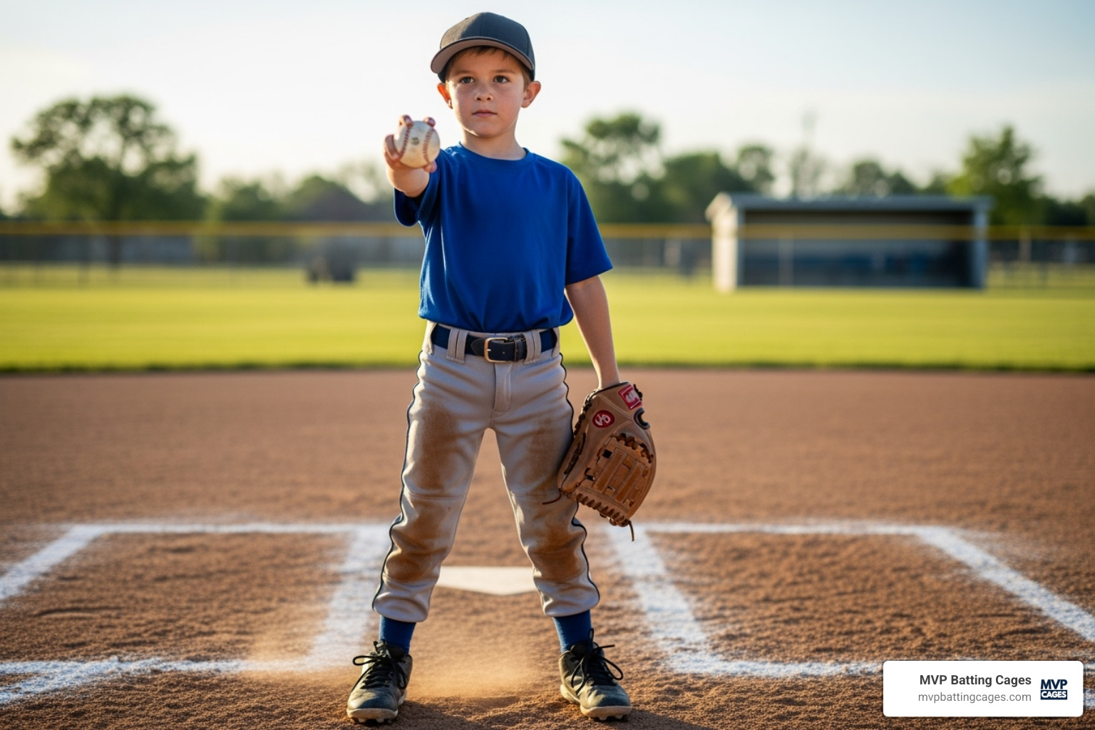 a young player proudly holding a baseball and glove, looking determined - summer baseball camp