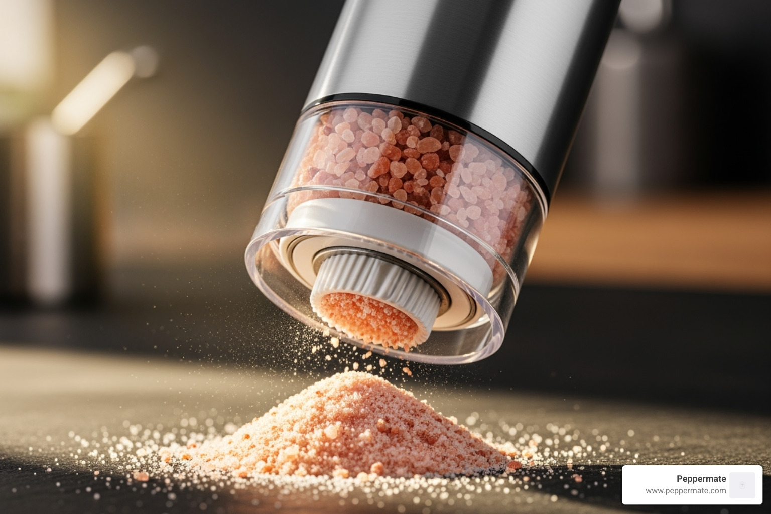 modern, versatile grinder with a visible ceramic mechanism grinding pink Himalayan salt - can you grind salt in a pepper mill