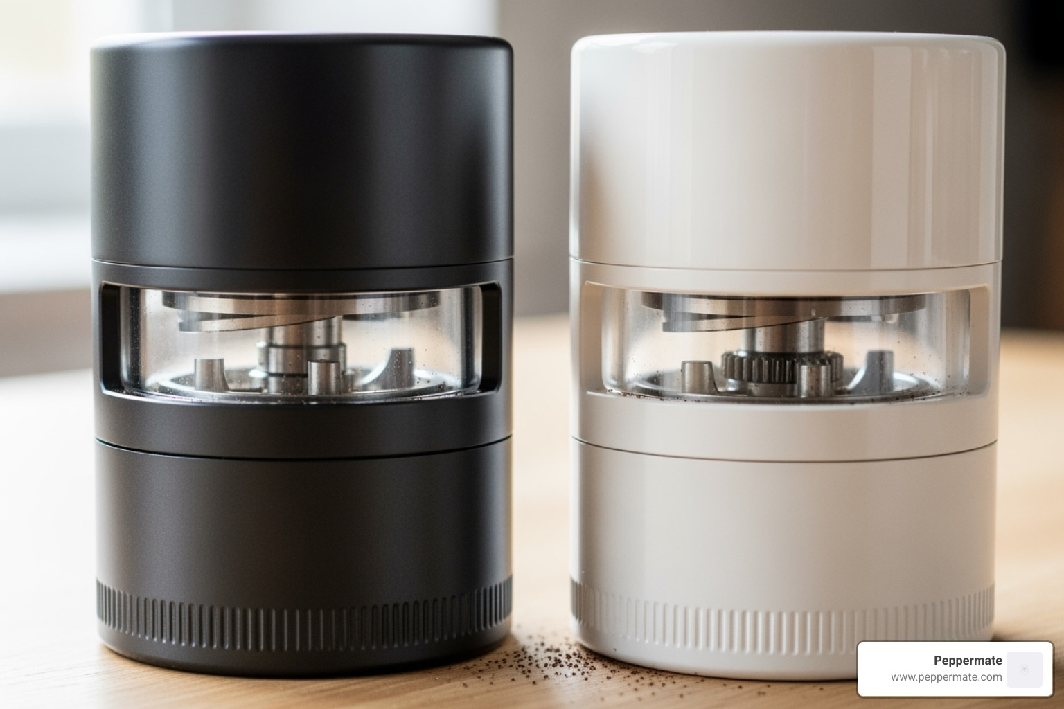 two grinder mechanisms side-by-side, one a dark carbon steel and the other a white ceramic - can you grind salt in a pepper mill