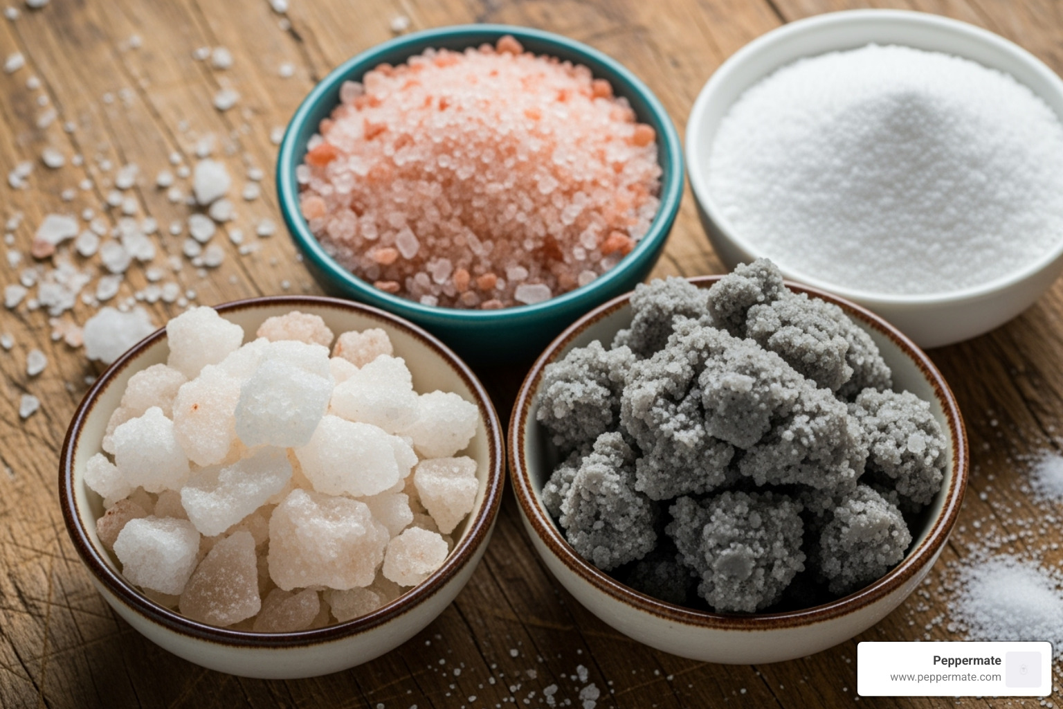 various types of salt in small bowls: coarse sea salt, pink Himalayan salt, wet grey salt, and fine table salt - can you grind salt in a pepper mill