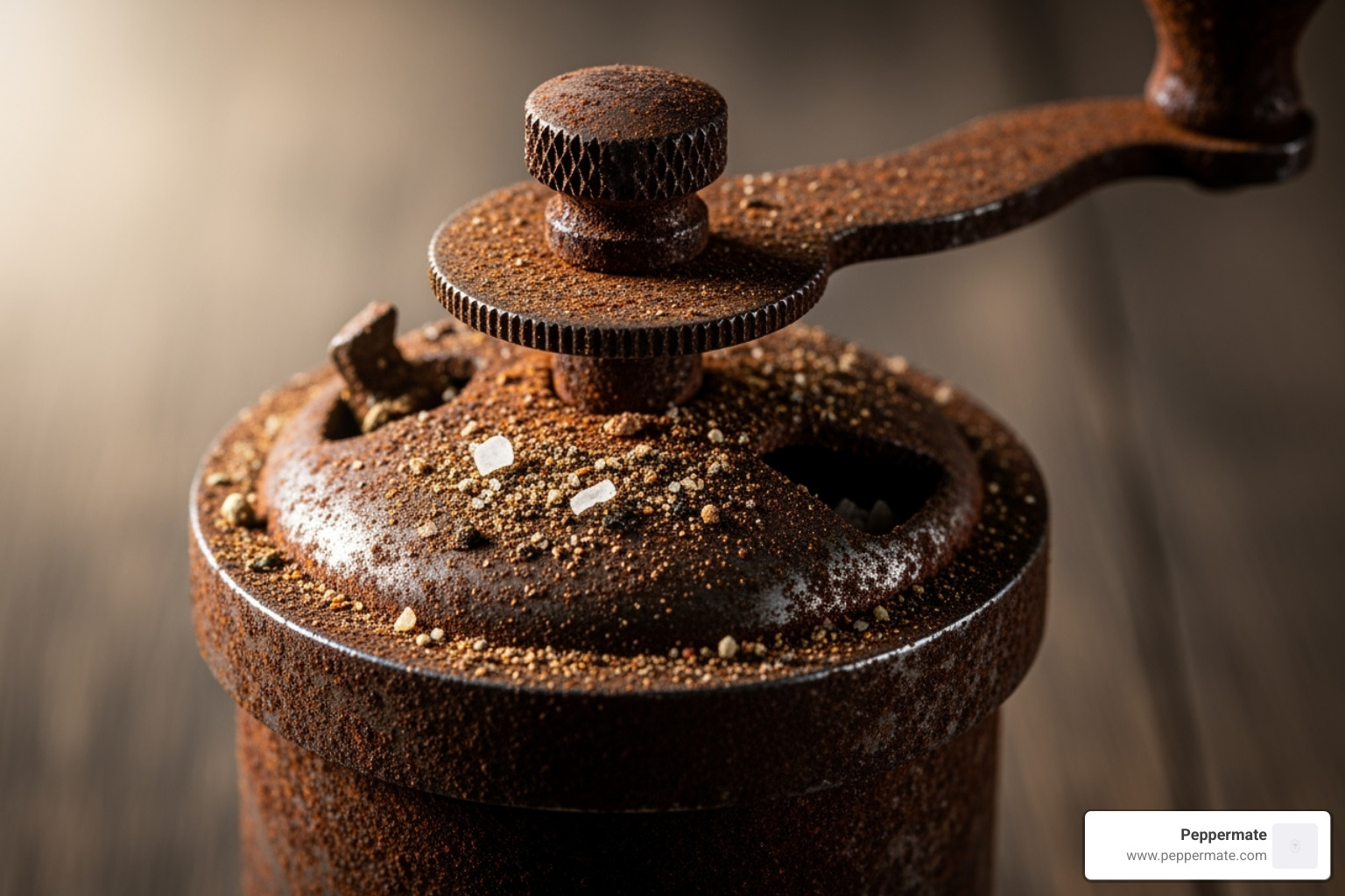 close-up of a rusted and clogged metal pepper mill grinder - can you grind salt in a pepper mill