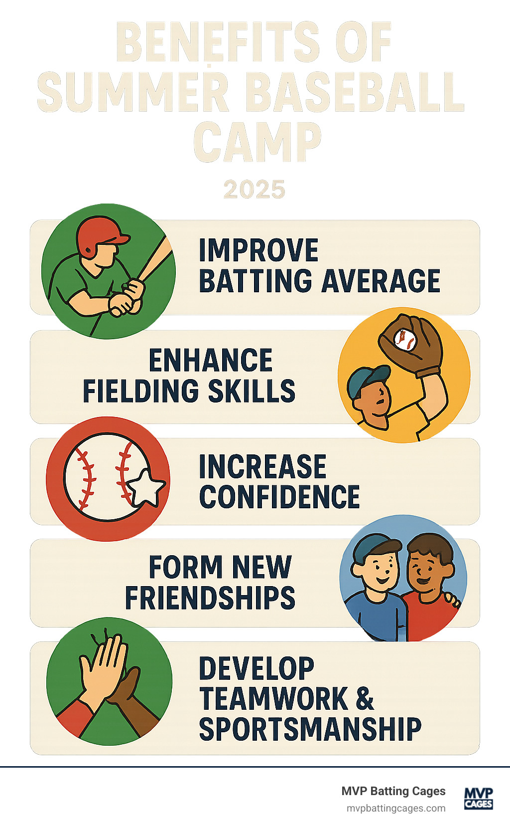 Infographic showing the key benefits of attending a summer baseball camp including improved batting averages, improved fielding skills, increased confidence levels, new friendships formed, and development of teamwork and sportsmanship values - summer baseball camp infographic 