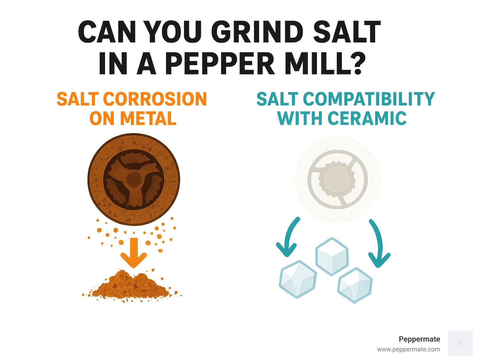 Infographic showing a corroded metal pepper mill mechanism with rust particles next to a pristine white ceramic mechanism, with arrows indicating salt corrosion on metal versus salt compatibility with ceramic, including visual representations of sodium chloride crystals and iron oxide formation - can you grind salt in a pepper mill infographic 