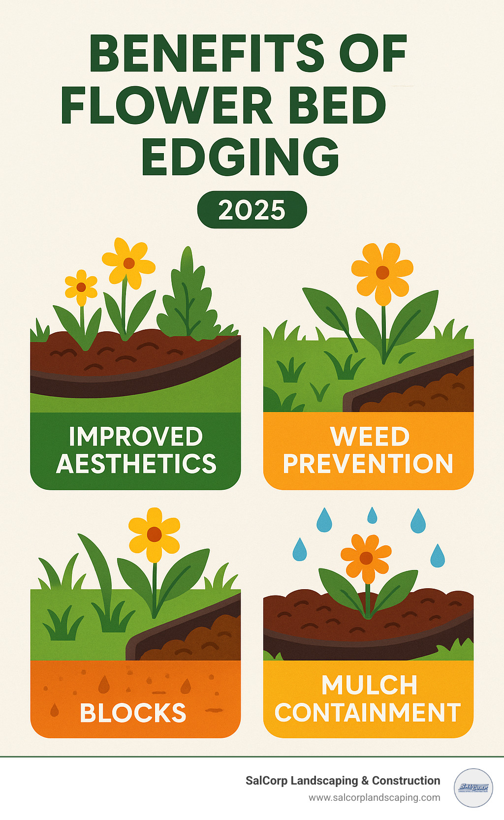 Benefits of flower bed edging infographic showing improved aesthetics with clean lines separating lawn from planted areas, weed prevention barrier blocking grass invasion, and mulch containment keeping materials in place during weather - install flower bed edging infographic 