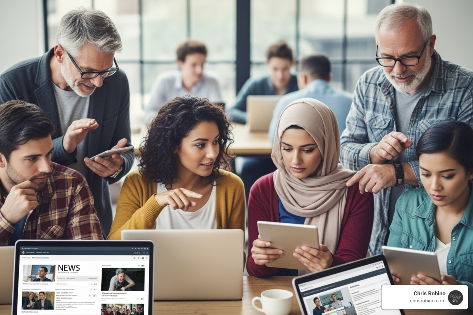 a diverse group of people interacting on a digital forum or social media feed related to a news topic - innovation in media companies