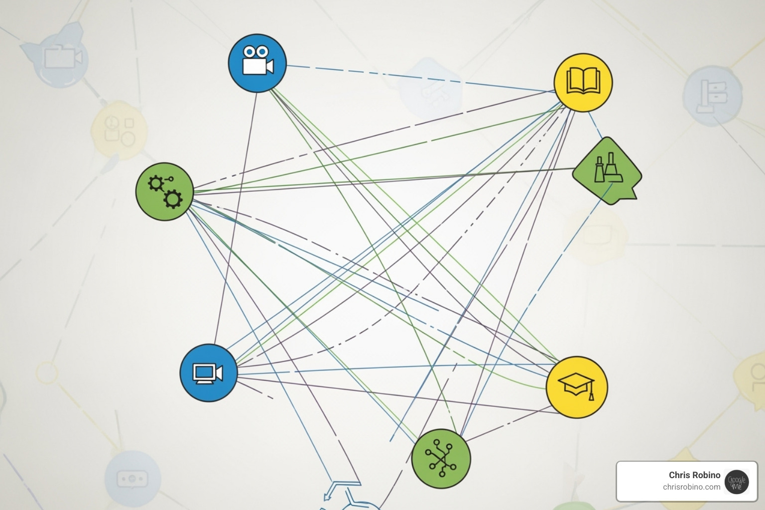 a network diagram connecting different media, tech, and academic institutions - innovation in media companies