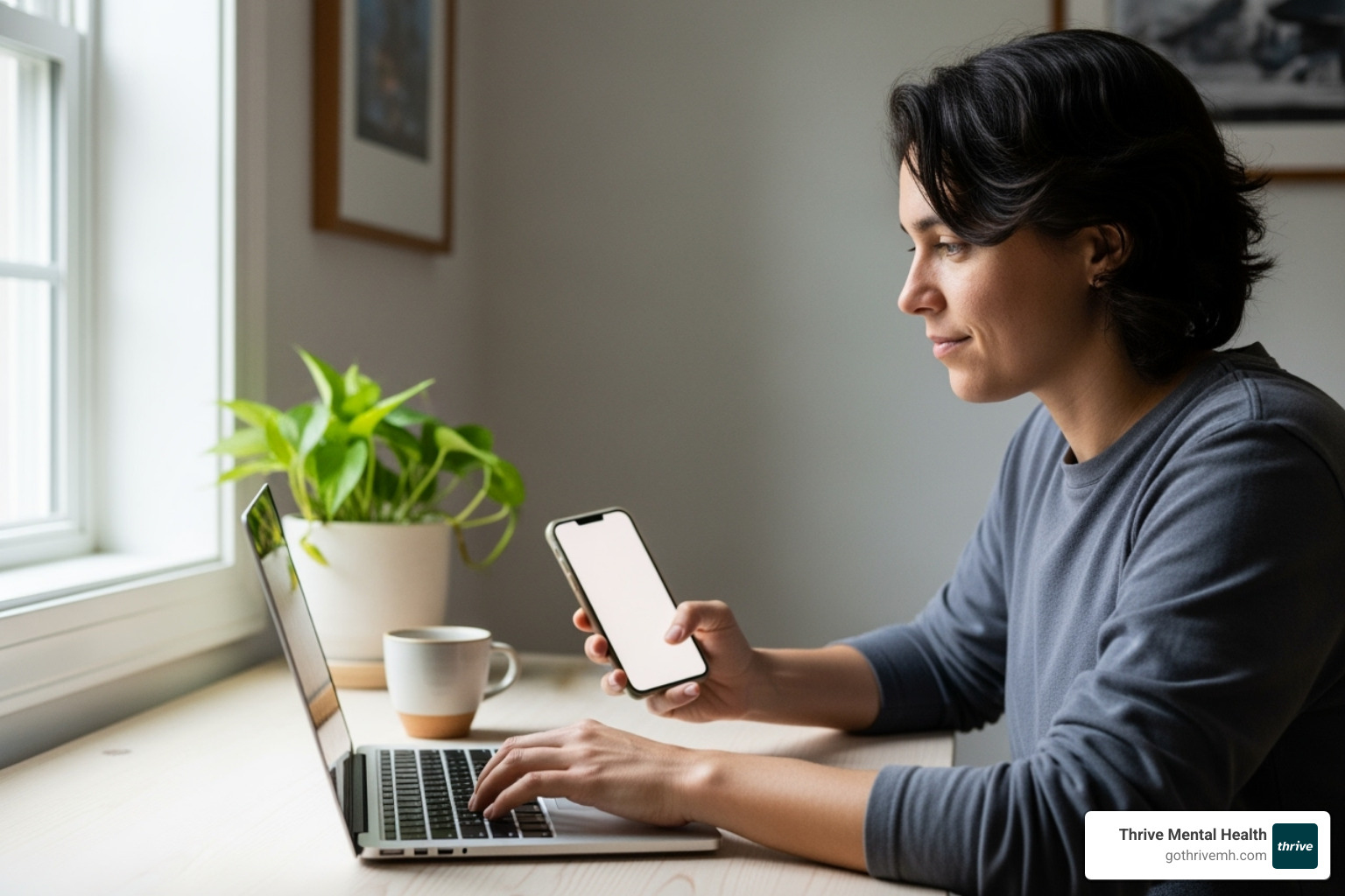 A person using a laptop and phone to search for a doctor online, with a serene home office background and natural lighting - doctors near me