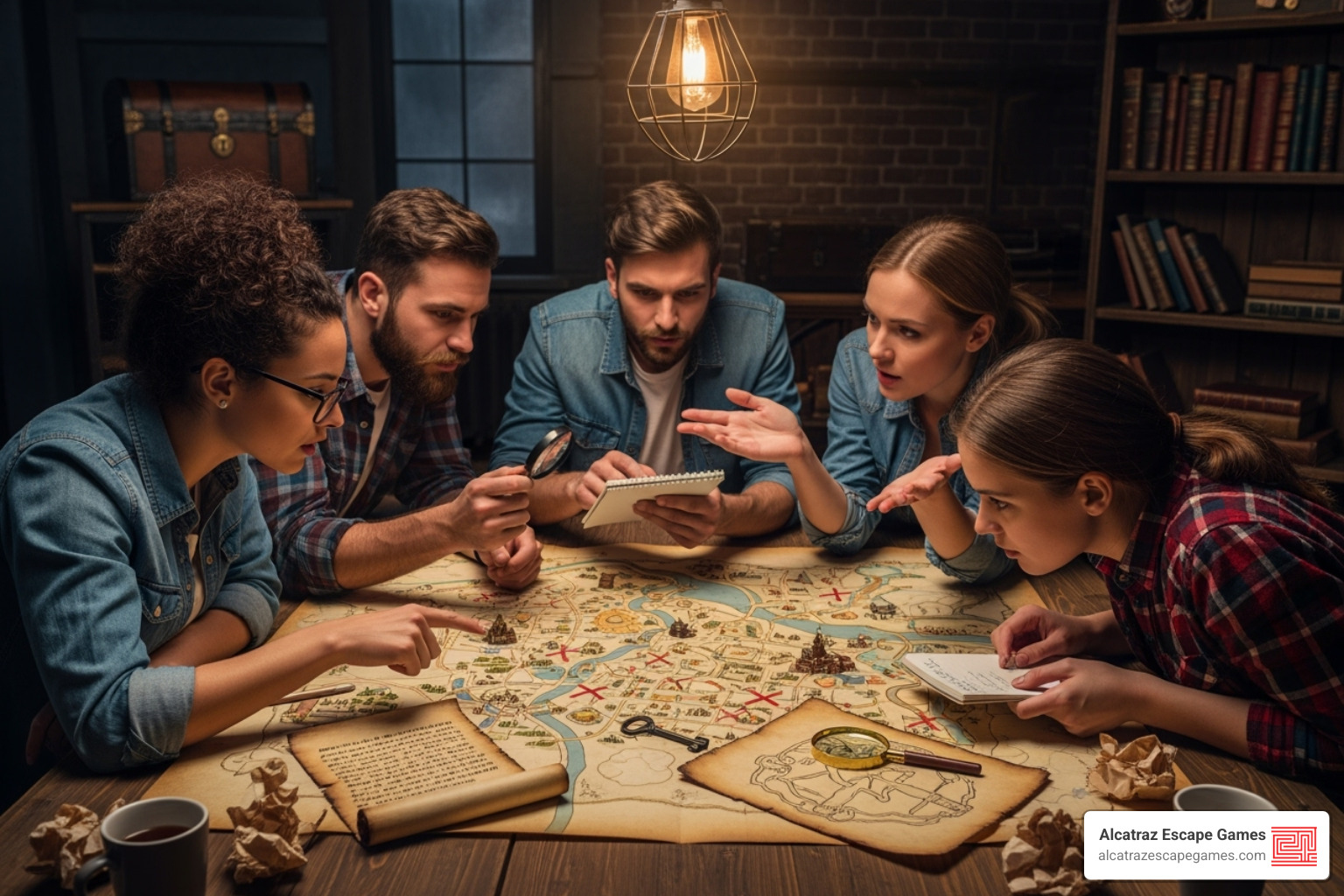 group of people collaborating over a map or a set of clues - Escape room difficulty levels