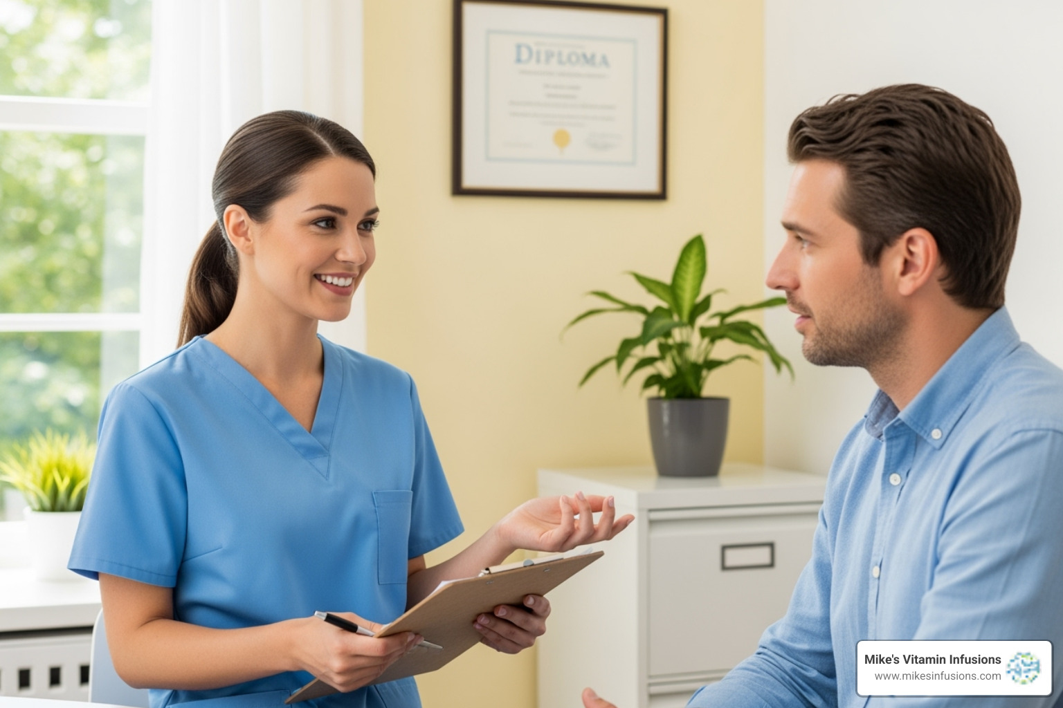 A friendly nurse consulting with a patient, holding a clipboard and smiling, in a comfortable and reassuring setting - ozone therapy services