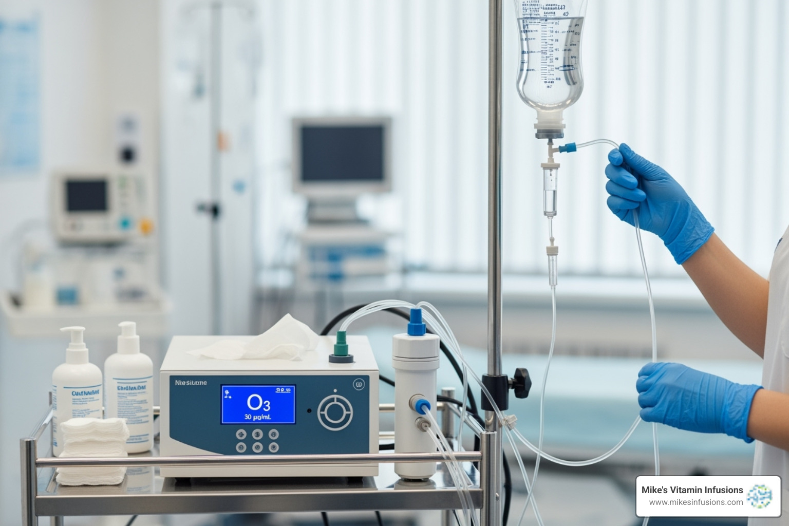 Medical ozone generator connected to an IV bag, with a sterile setup indicating professional medical administration - ozone therapy services
