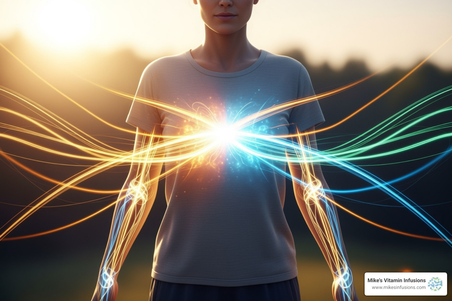 Illustrative image depicting various benefits of ozone therapy, such as increased energy, reduced inflammation, improved circulation, improved immunity, and detoxification, radiating from a central healthy human figure - ozone therapy services