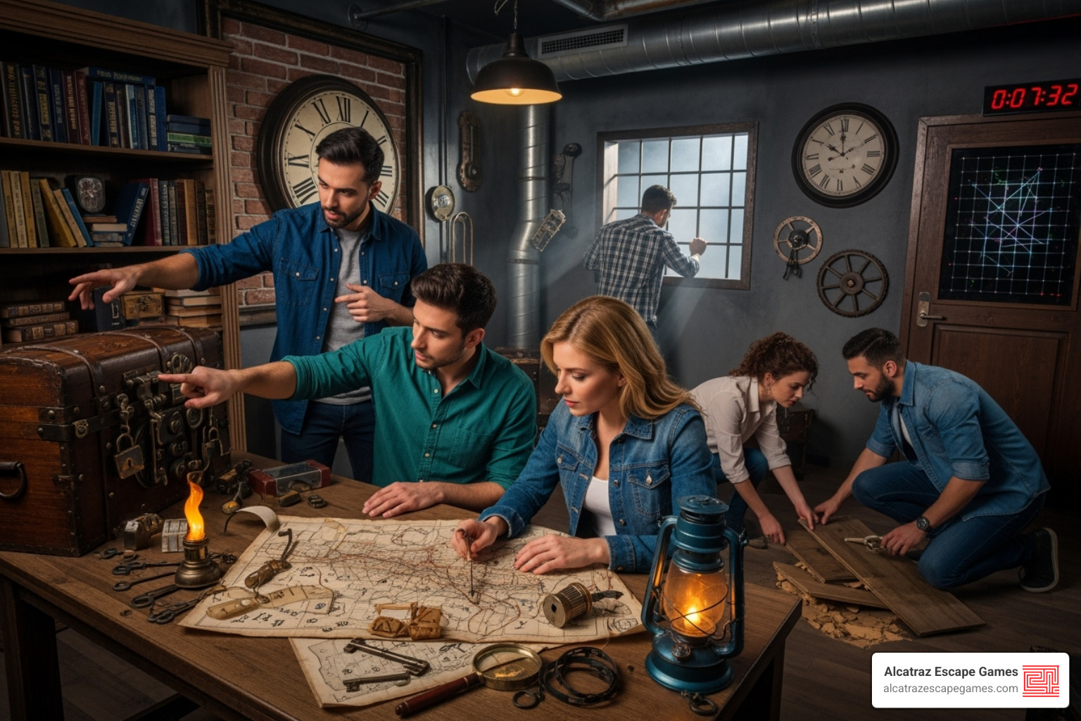 team working together, one person pointing to a clue on the wall - Escape room difficulty levels