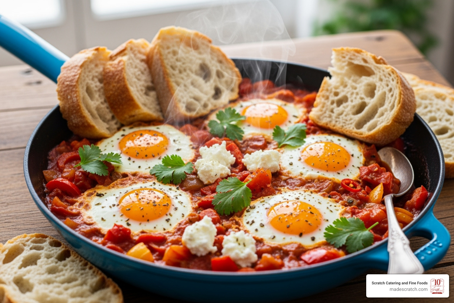 vibrant skillet of Shakshuka with crusty bread for dipping - Brunch food options vibrant skillet of Shakshuka with crusty bread for dipping - Brunch food options