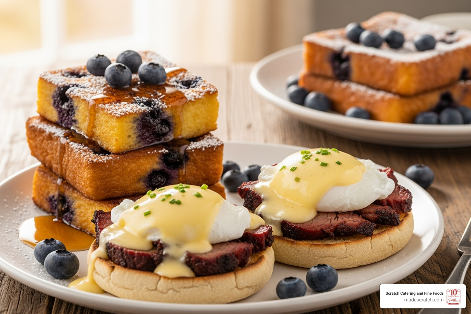 classic Brisket Eggs Benedict next to a stack of blueberry french toast squares - Brunch food options classic Brisket Eggs Benedict next to a stack of blueberry french toast squares - Brunch food options