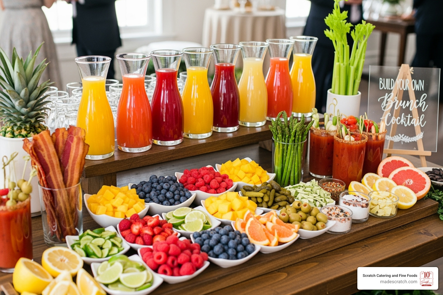 well-stocked mimosa and Bloody Mary bar with various juices and garnishes - Brunch food options well-stocked mimosa and Bloody Mary bar with various juices and garnishes - Brunch food options