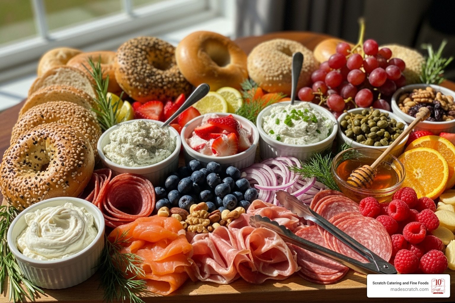 elaborate breakfast charcuterie board with bagels, spreads, meats, and fruits - Brunch food options elaborate breakfast charcuterie board with bagels, spreads, meats, and fruits - Brunch food options