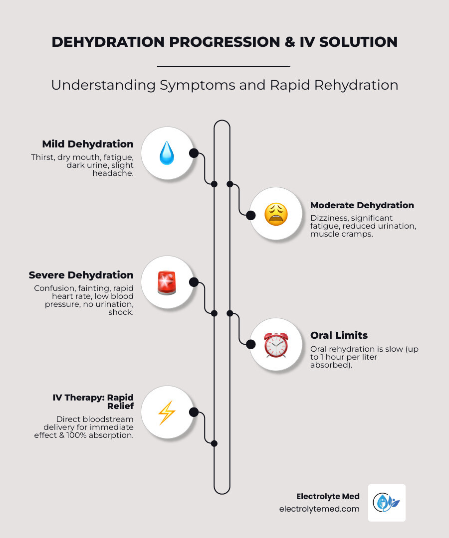 Infographic showing the progression of dehydration from mild symptoms like thirst and dry mouth to severe symptoms like confusion, fainting, and shock, with IV therapy as the rapid solution for moderate to severe cases - IV therapy for dehydration infographic infographic-line-5-steps-neat_beige