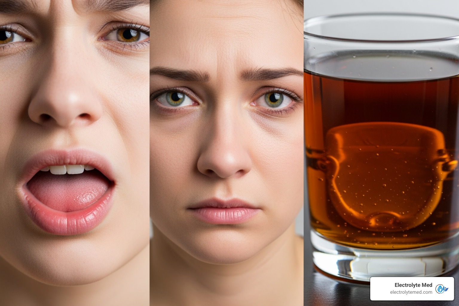 Common signs of dehydration, including a person with a dry mouth, another looking fatigued, and a glass of dark urine - IV therapy for dehydration