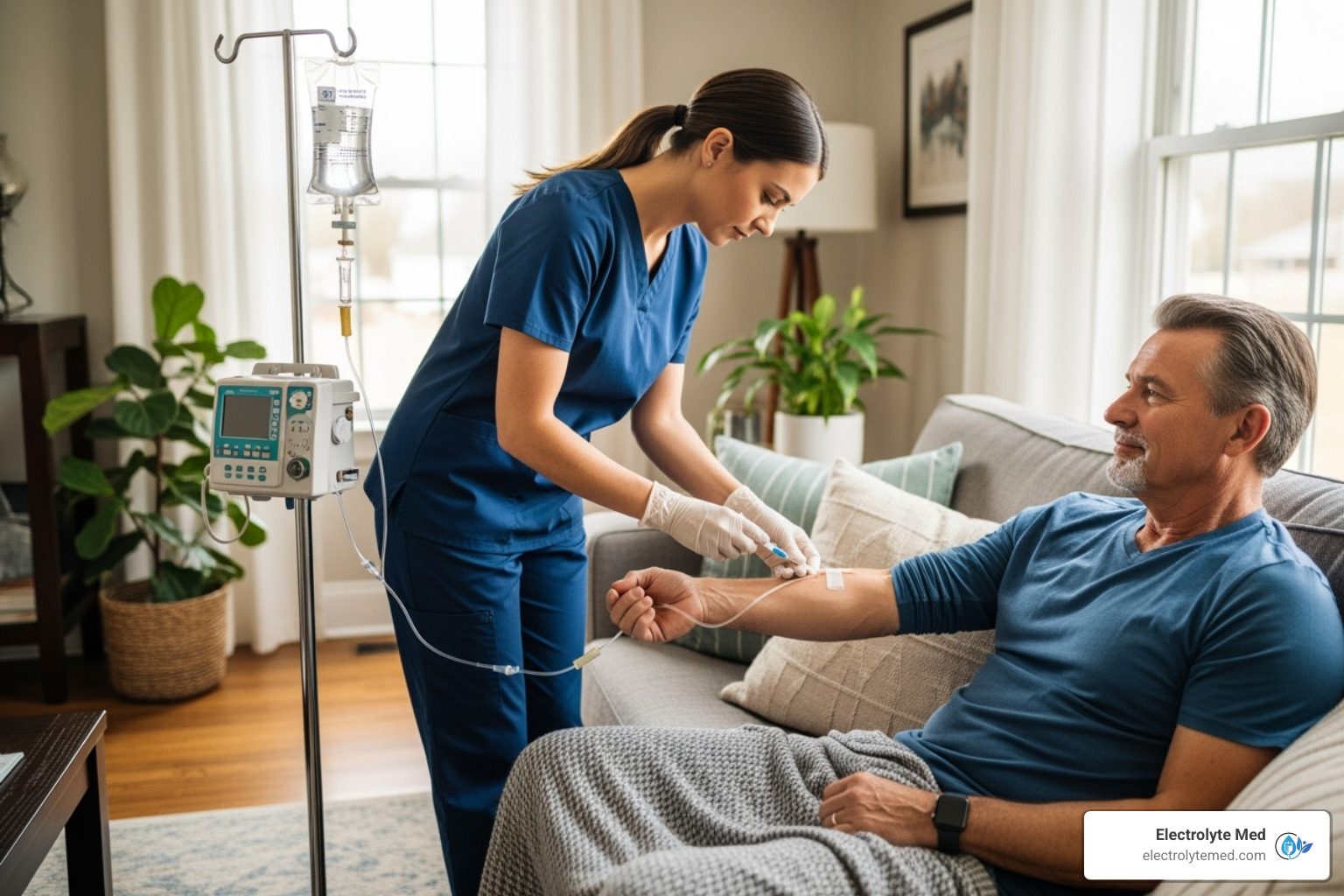 A registered nurse, wearing scrubs and gloves, professionally administering an IV to a relaxed patient in a bright, comfortable home setting, with an IV stand visible - IV therapy for dehydration