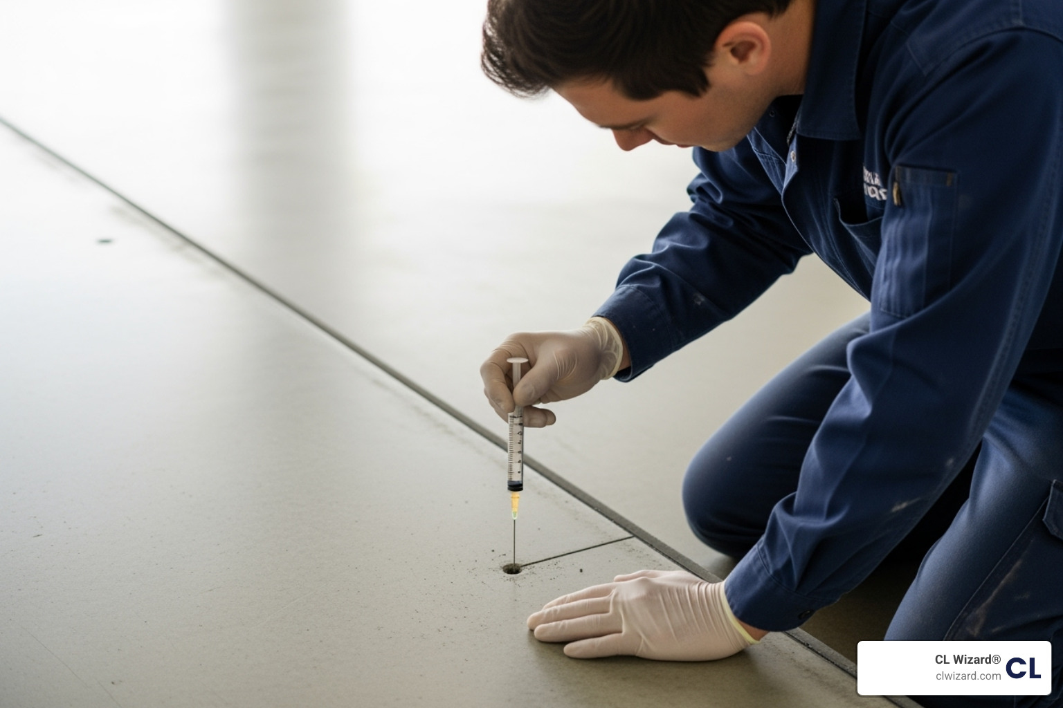 A CL Wizard technician performing a clean, non-disruptive injection into a concrete slab, showcasing the precision and lack of mess - leaking slab repair