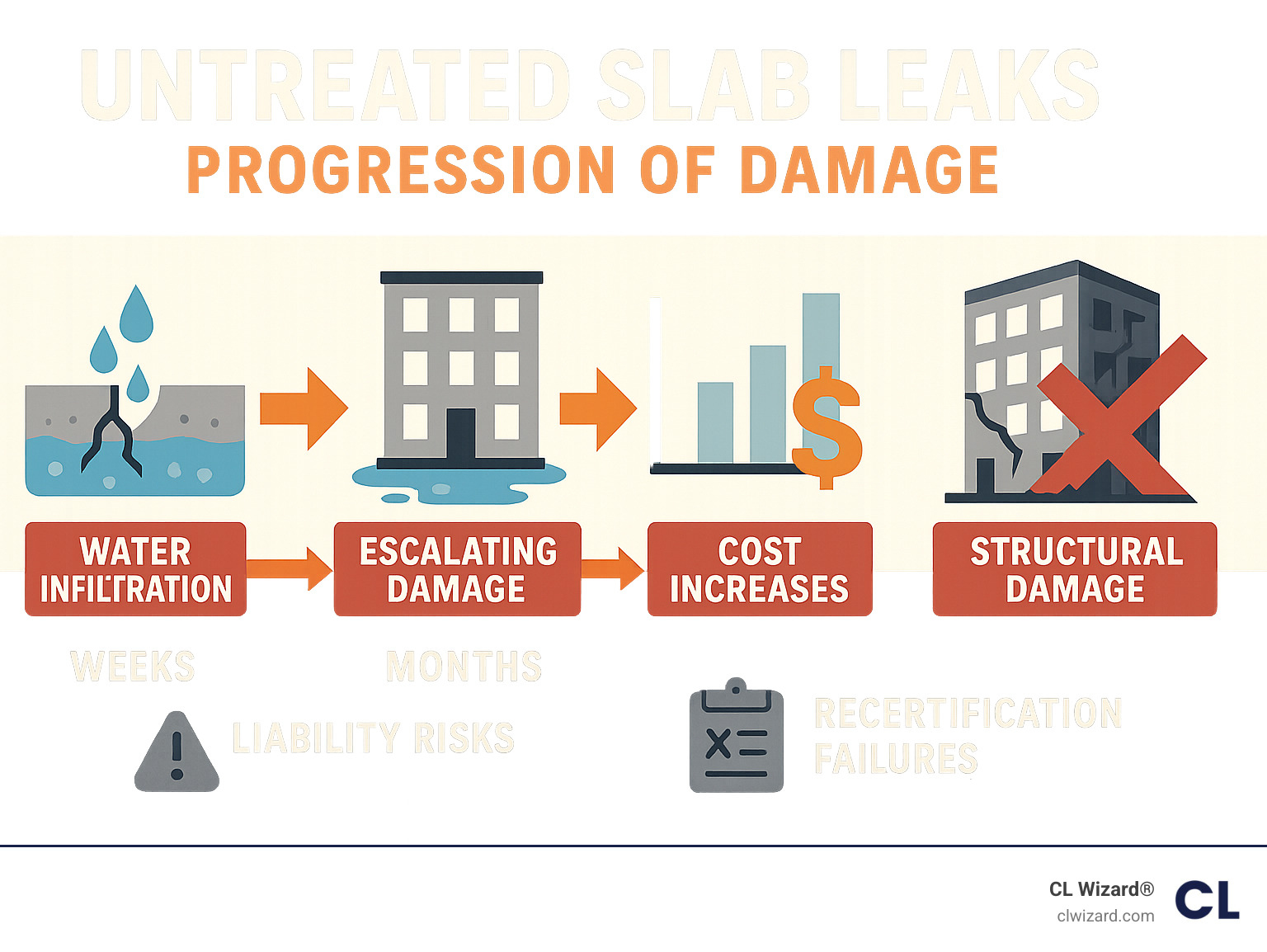 Detailed infographic showing the progression of untreated slab leaks from initial water infiltration through structural damage, including timeline of damage escalation, cost increases, liability risks, and building recertification failures - leaking slab repair infographic 