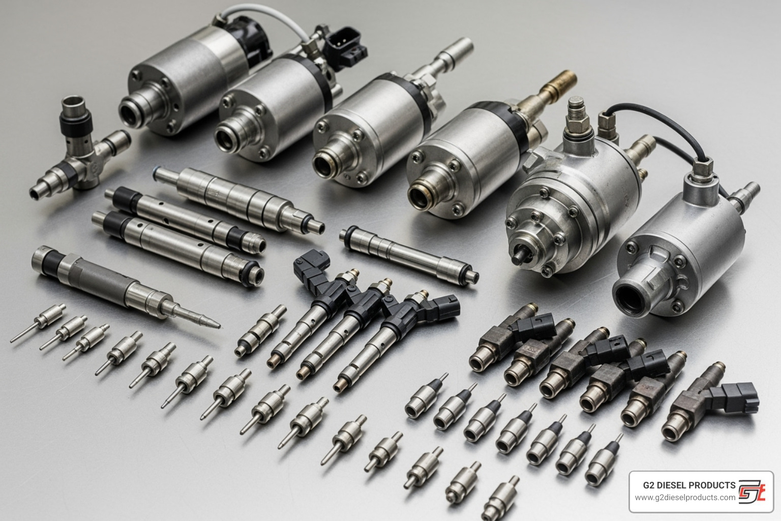 An array of diesel fuel system parts including injectors, pumps, and nozzles. - diesel fuel injectors for sale