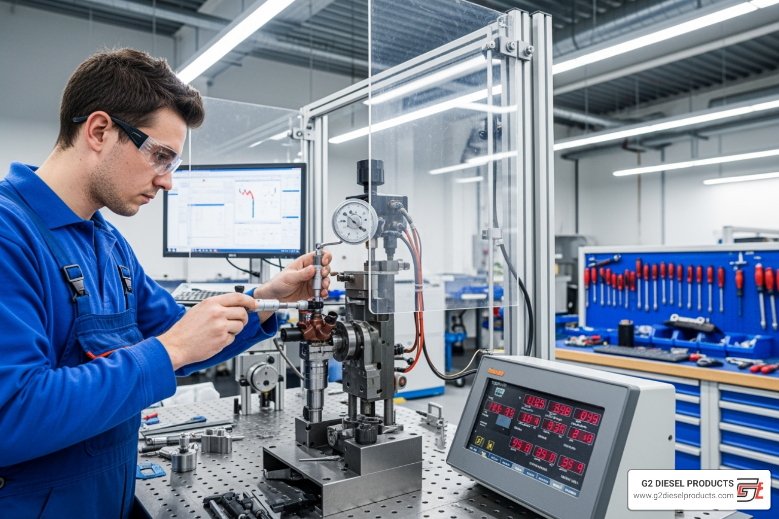 A technician calibrating a diesel fuel injector on a professional test bench. - diesel fuel injectors for sale