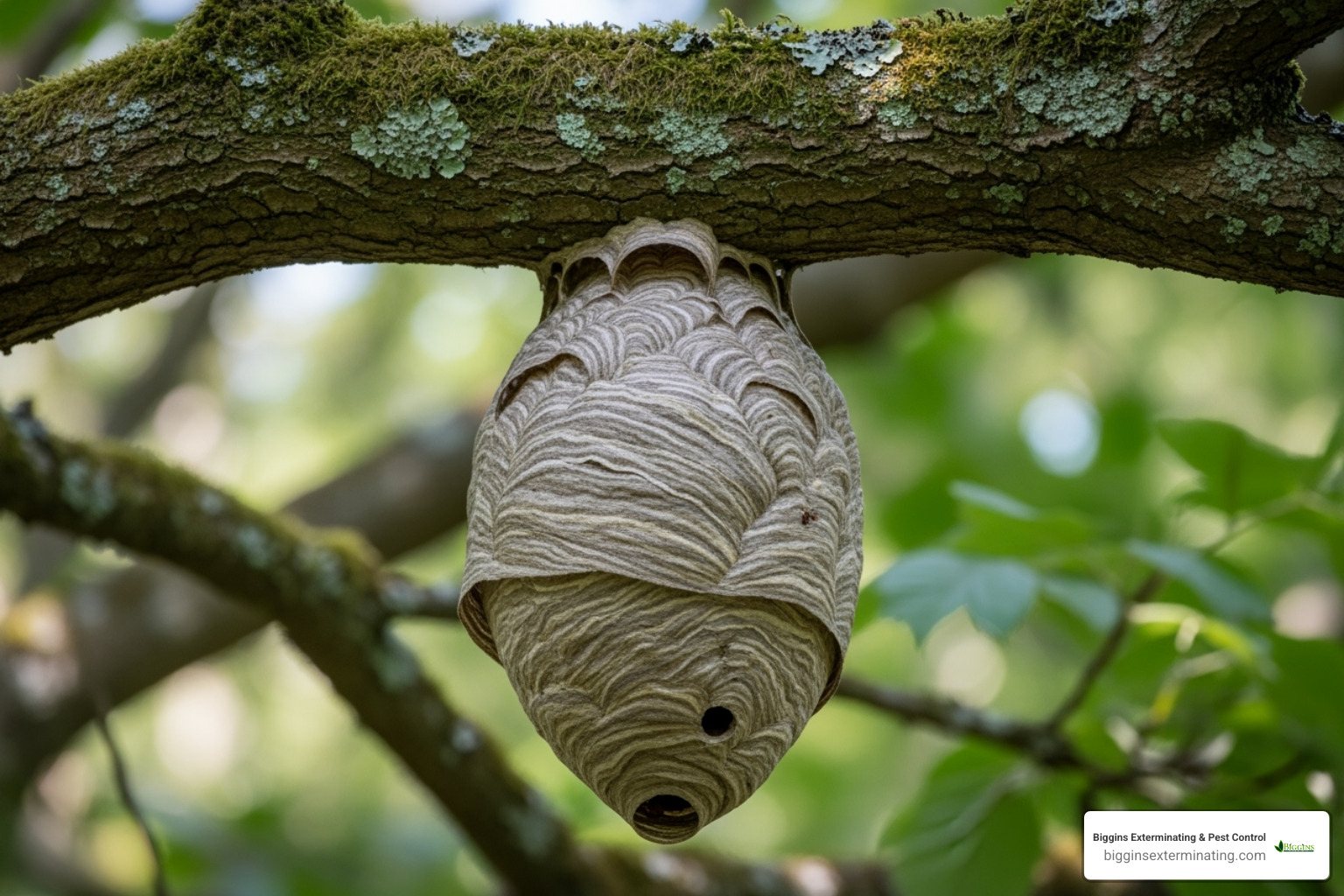 large, gray, paper-like bald-faced hornet nest hanging from a tree branch - bald faced hornet control