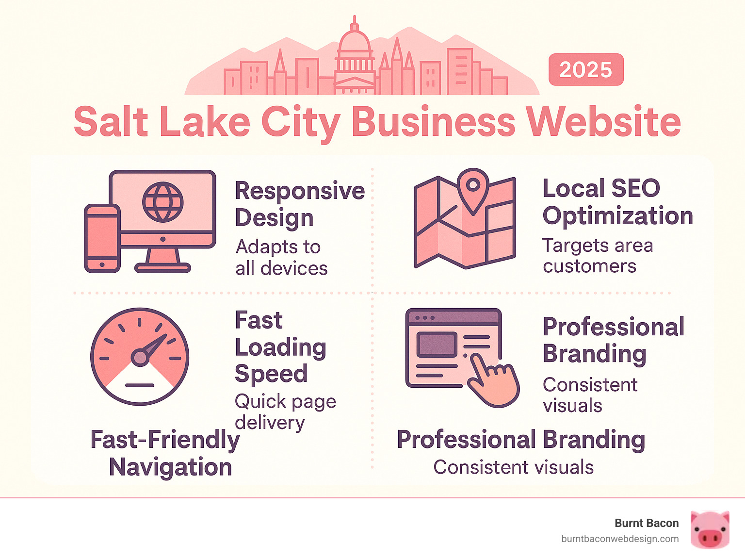 Infographic showing the key elements of a successful Salt Lake City business website including responsive design, local SEO optimization, fast loading speeds, user-friendly navigation, and professional branding - salt lake city web designer infographic Infographic showing the key elements of a successful Salt Lake City business website including responsive design, local SEO optimization, fast loading speeds, user-friendly navigation, and professional branding - salt lake city web designer infographic
