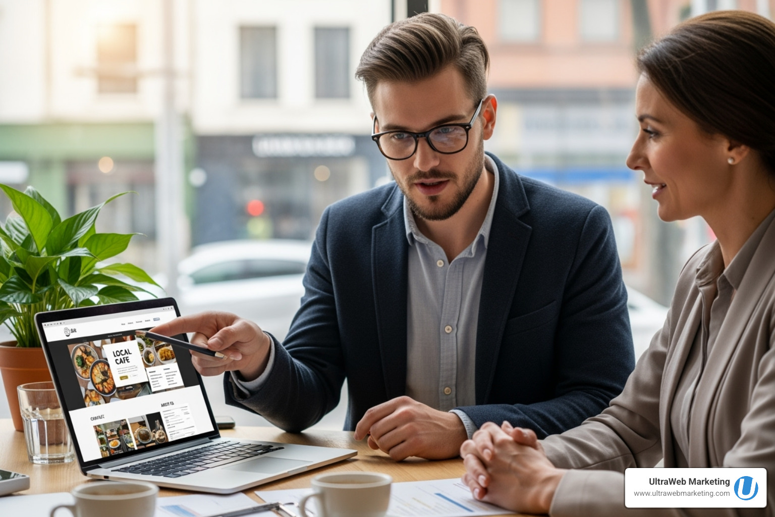 Image of an UltraWeb Marketing web designer collaborating with a local business owner - responsive web design near me