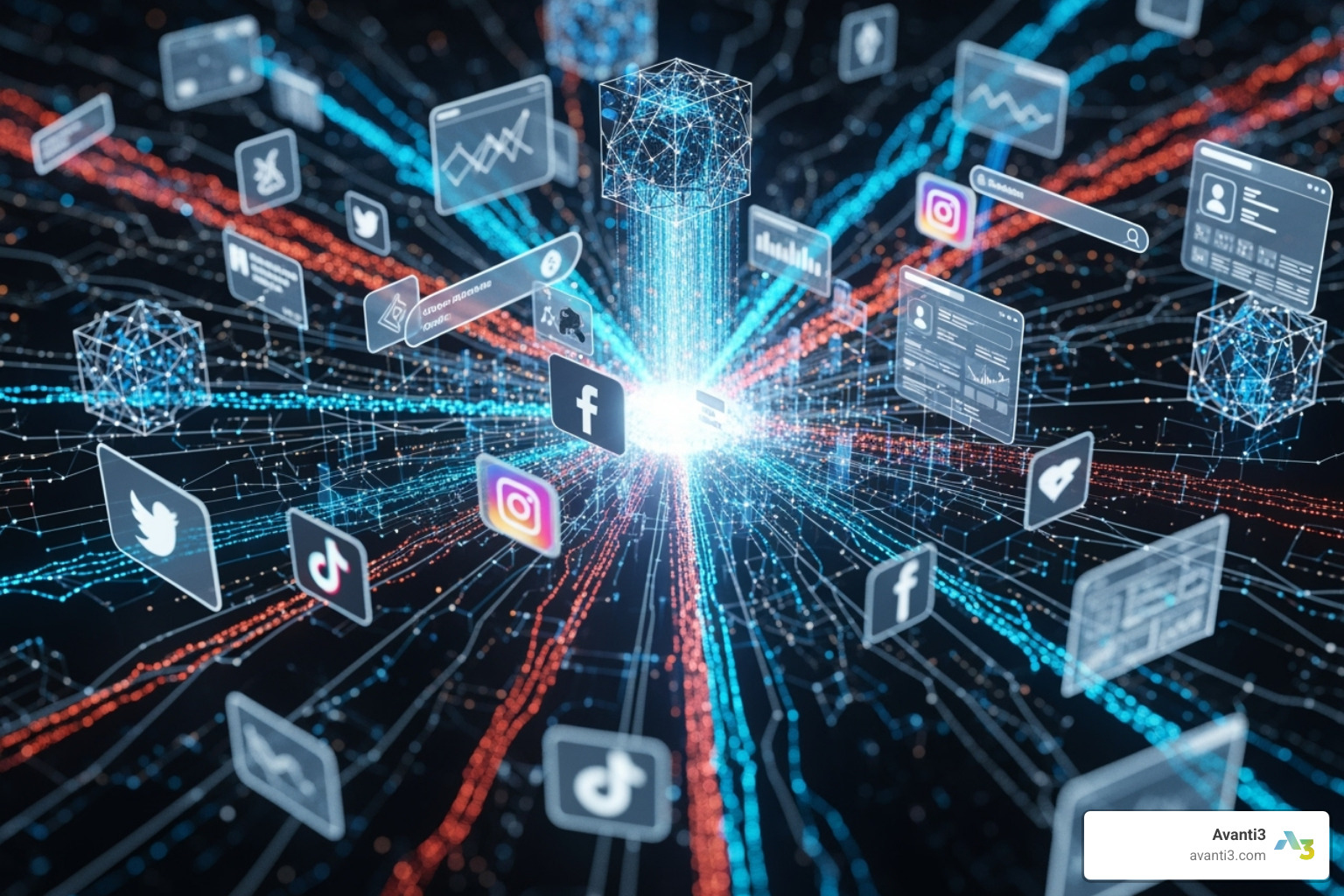 Image illustrating the complexity of combining on-chain and off-chain data streams, showing a tangled web of blockchain nodes, social media icons, and user interfaces interconnected - Web3 engagement analytics