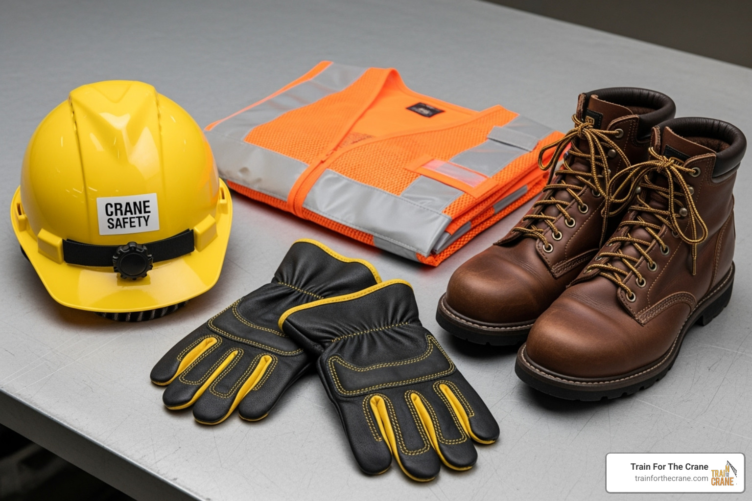 Essential crane operator safety gear: a hard hat, a safety vest, gloves, and steel-toed boots - crane operator license cost