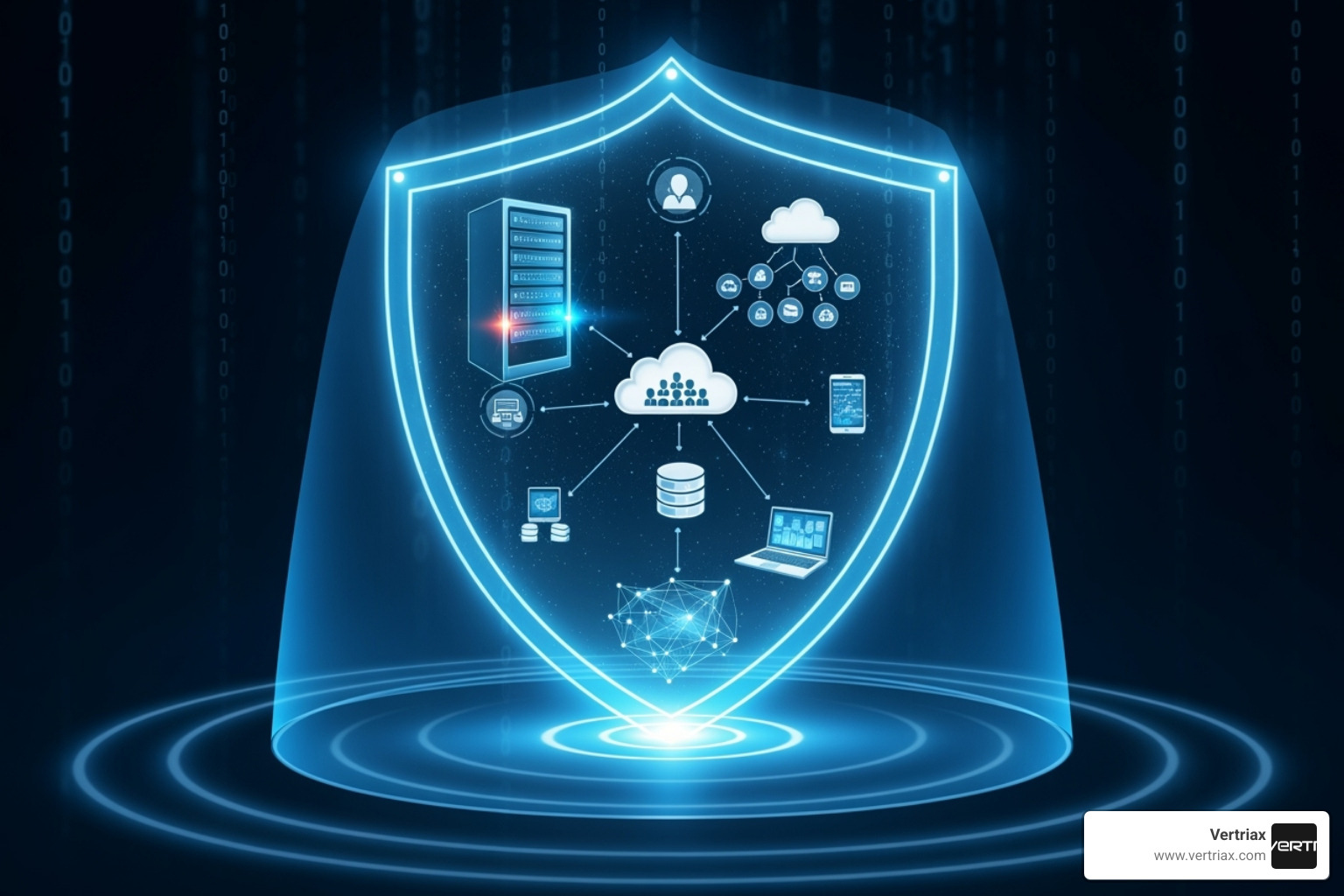 A shield protecting interconnected business assets like data, servers, and cloud infrastructure - security operations management