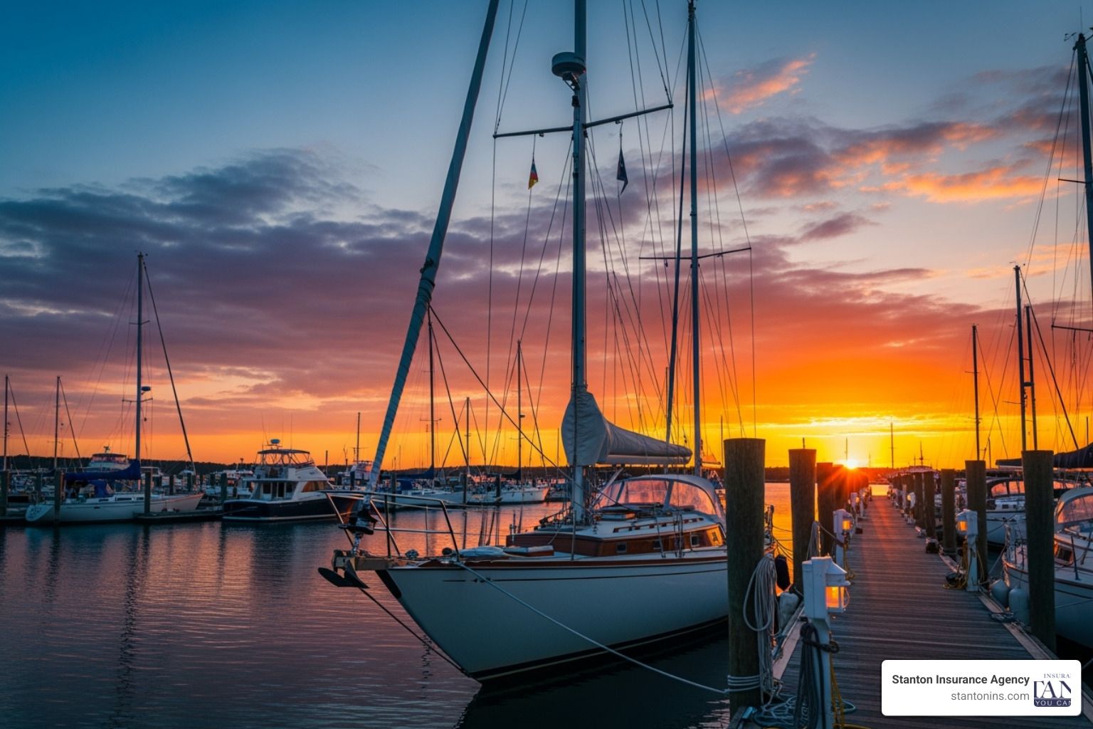 A sailboat docked in a New England marina at sunset - Boat Insurance A sailboat docked in a New England marina at sunset - Boat Insurance
