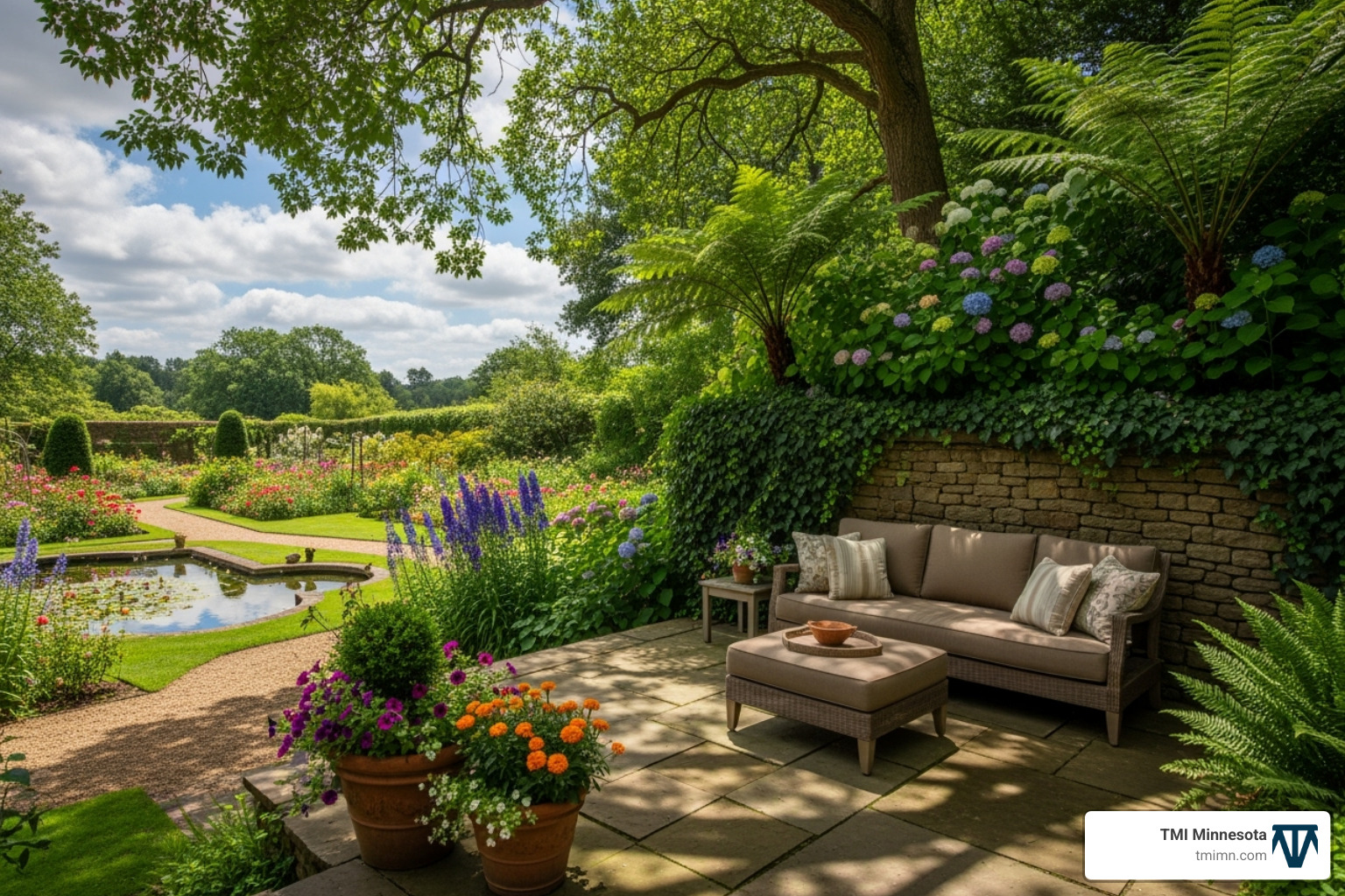 comfortable outdoor seating area in a garden, demonstrating the command position - Feng shui garden designs