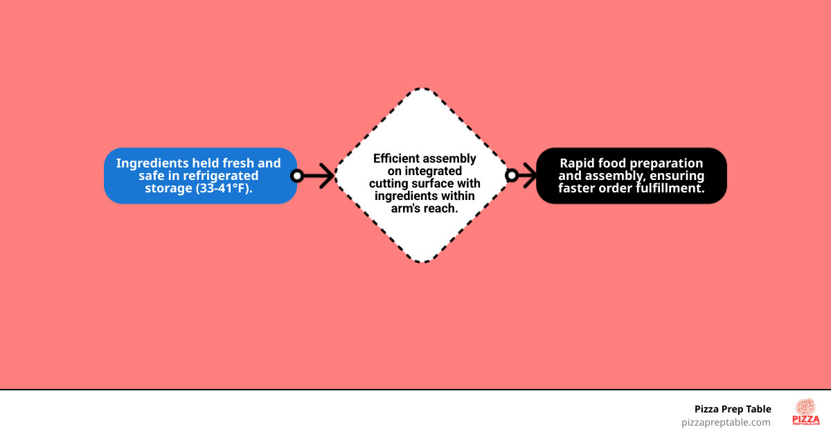 Detailed infographic showing prep cooler workflow: refrigerated storage compartments at bottom, cutting board work surface in middle, and ingredient pans on top, with arrows indicating efficient food preparation flow from storage to assembly - prep coolers infographic flowmap_simple Detailed infographic showing prep cooler workflow: refrigerated storage compartments at bottom, cutting board work surface in middle, and ingredient pans on top, with arrows indicating efficient food preparation flow from storage to assembly - prep coolers infographic flowmap_simple