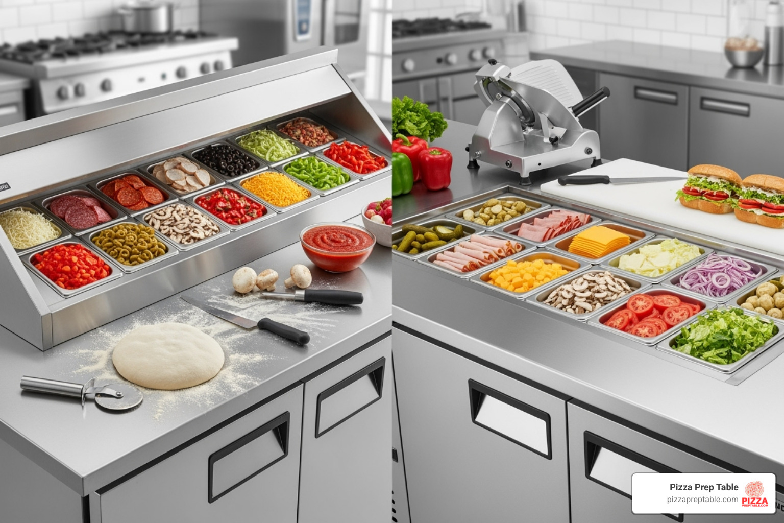 side-by-side comparison of a pizza prep table with a raised rail and a sandwich prep table with a recessed well - prep coolers side-by-side comparison of a pizza prep table with a raised rail and a sandwich prep table with a recessed well - prep coolers