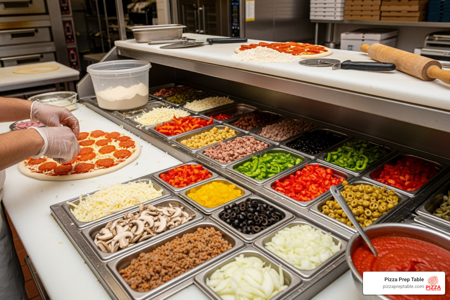 large pizza being prepped on a wide pizza prep table, with toppings in the raised rail - prep coolers large pizza being prepped on a wide pizza prep table, with toppings in the raised rail - prep coolers