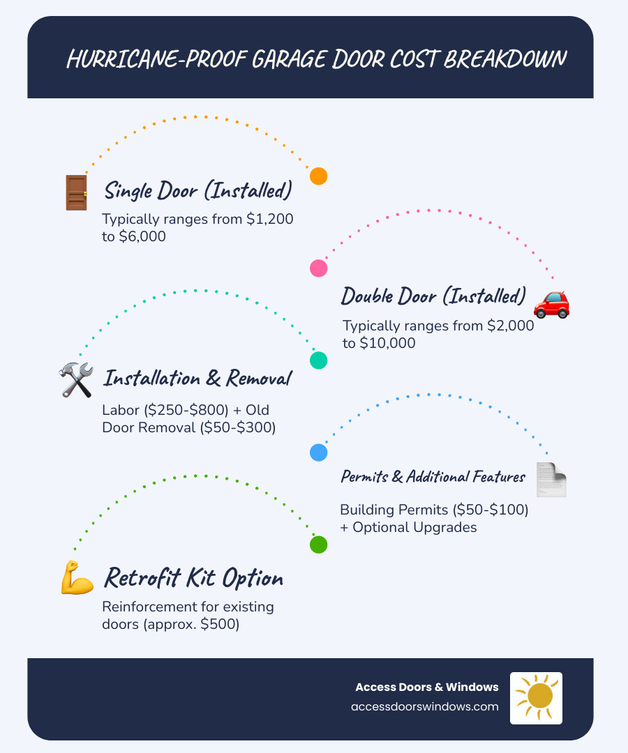 Comprehensive breakdown of hurricane-proof garage door costs including door materials, installation labor, permits, and additional features with average price ranges for single and double doors - how much does a hurricane proof garage door cost infographic infographic-line-5-steps-blues-accent_colors