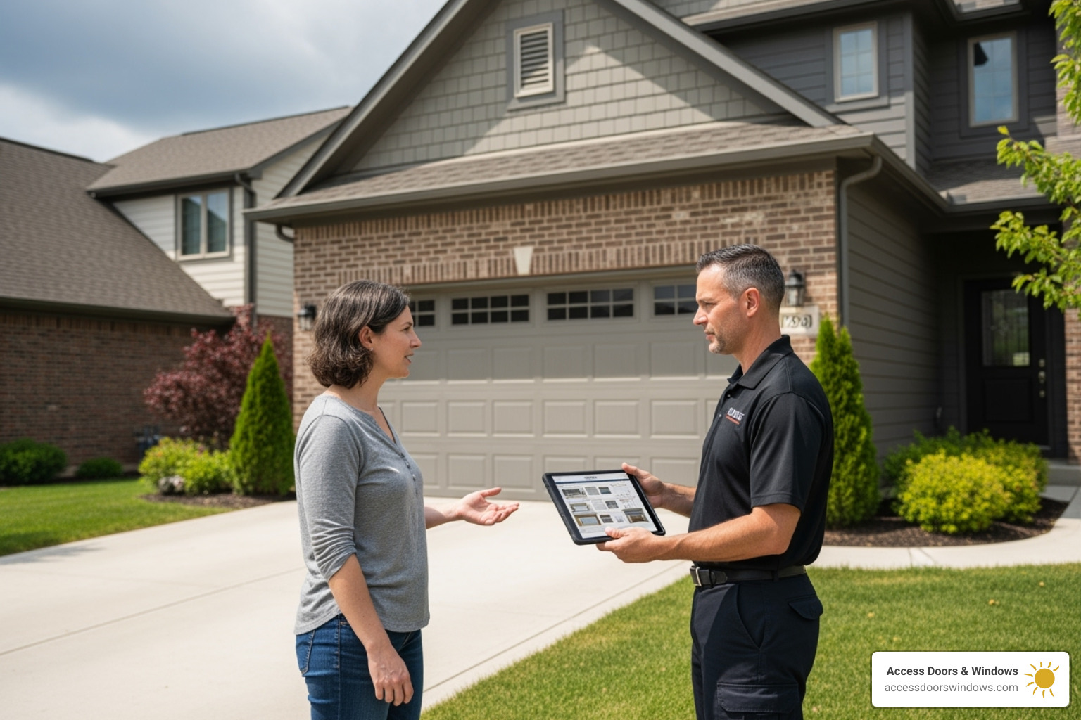 Homeowner receiving a quote for a new garage door - how much does a hurricane proof garage door cost