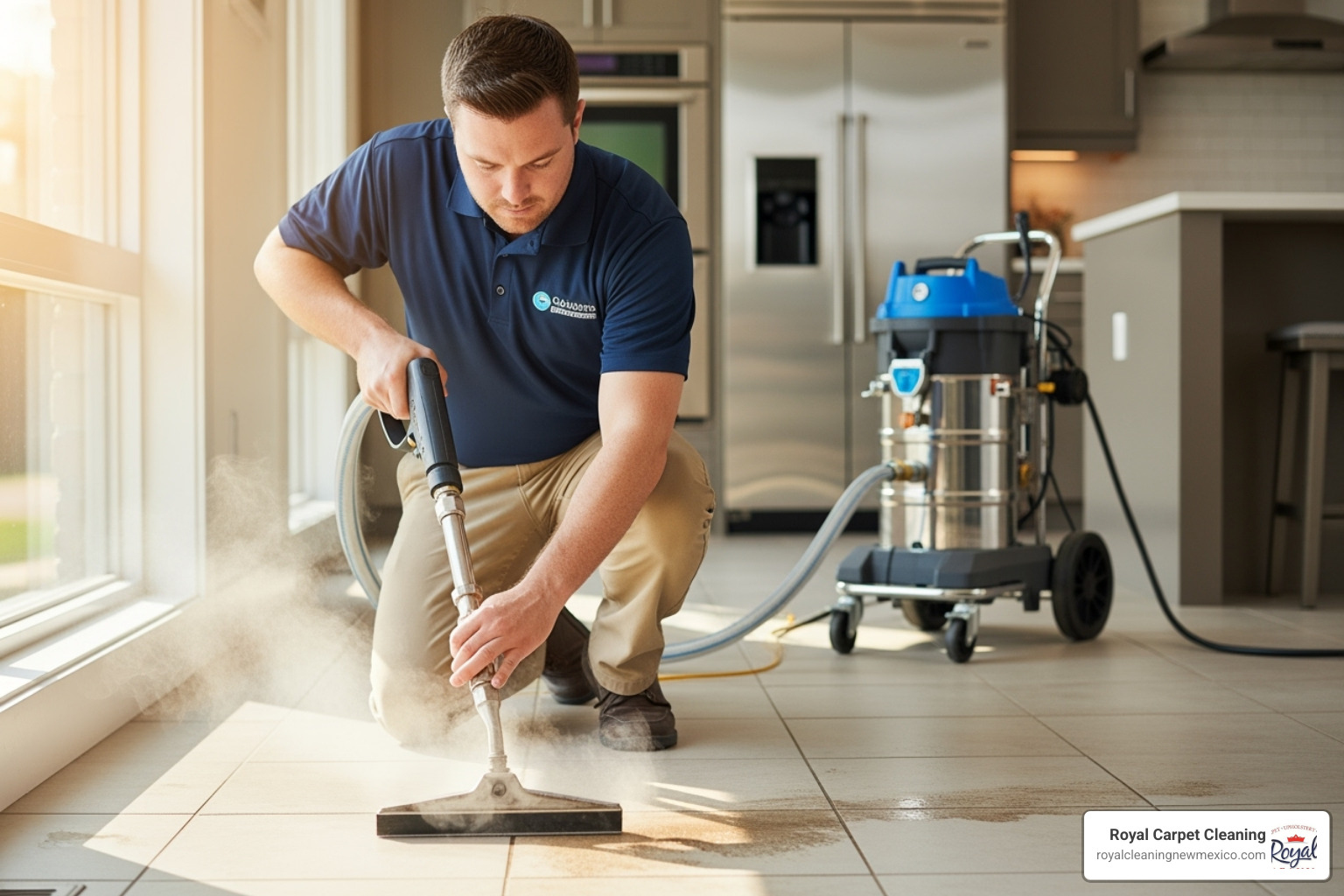 uniformed technician using a specialized high-pressure, hot-water extraction tool on a tile floor - grout cleaning services