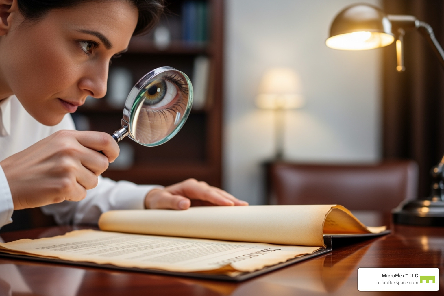 Person reviewing a lease document with a magnifying glass - business real estate lease