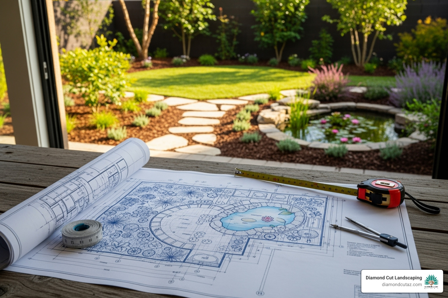landscape design plan next to a finished yard section - simple low maintenance landscaping