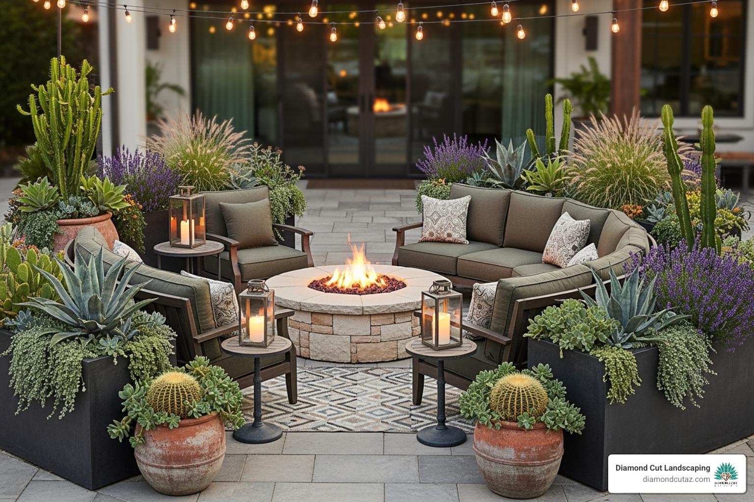 stylish patio with built-in fire pit and seating, surrounded by low-maintenance planters - simple low maintenance landscaping
