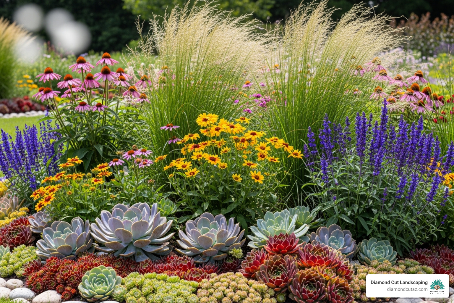 vibrant garden bed with succulents, ornamental grasses, and flowering perennials - simple low maintenance landscaping