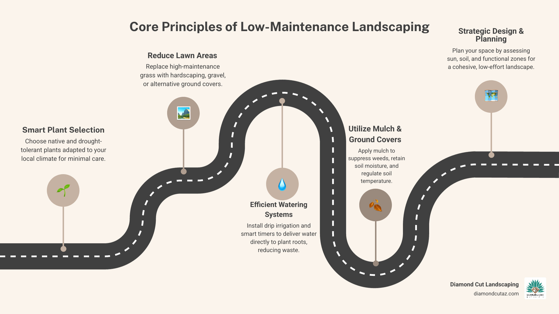 Infographic showing the four pillars of low-maintenance landscaping: 1) Native and drought-tolerant plants with deep roots, 2) Hardscaping elements like patios and gravel paths replacing grass areas, 3) Efficient drip irrigation systems targeting plant roots, and 4) Mulch and ground covers suppressing weeds and retaining moisture - simple low maintenance landscaping infographic roadmap-5-steps