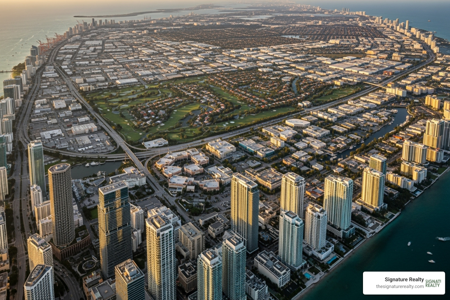The Miami skyline focusing on Brickell, Downtown, Doral, Hialeah, and Medley - Miami executive suites