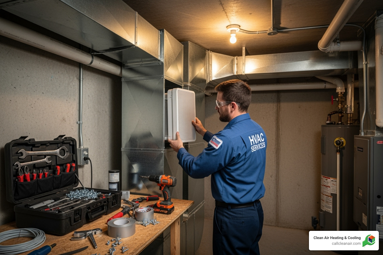 technician installing air scrubber - indoor air quality professional