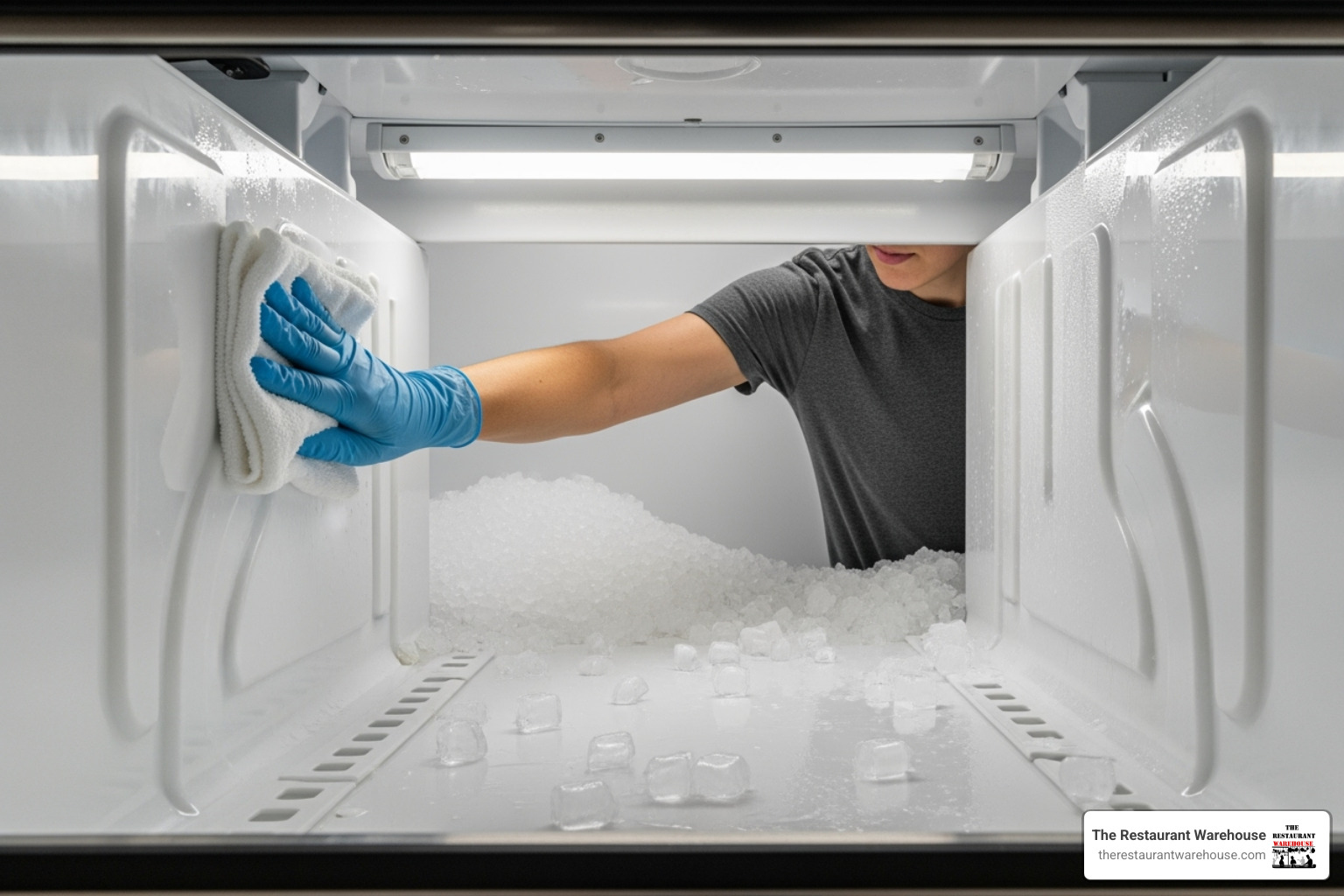 person wiping down the inside of an ice machine storage bin - ice maker for ice bath person wiping down the inside of an ice machine storage bin - ice maker for ice bath