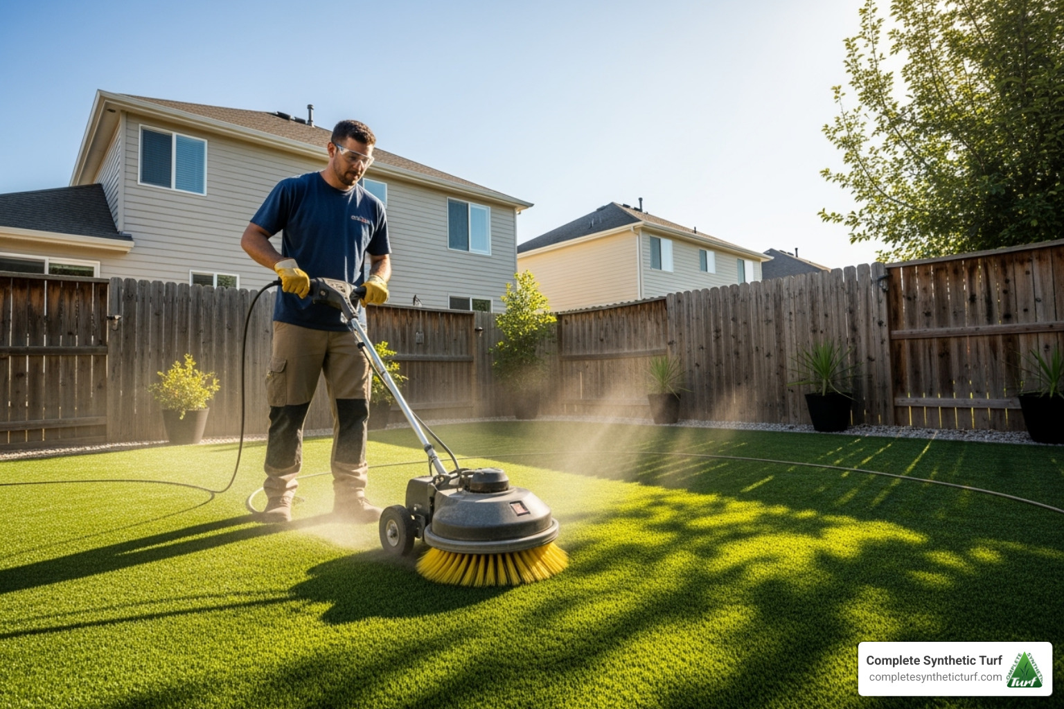 technician using a power broom - artificial grass maintenance service